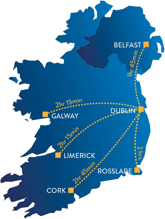 Drive time from main Irish cities to Dublin